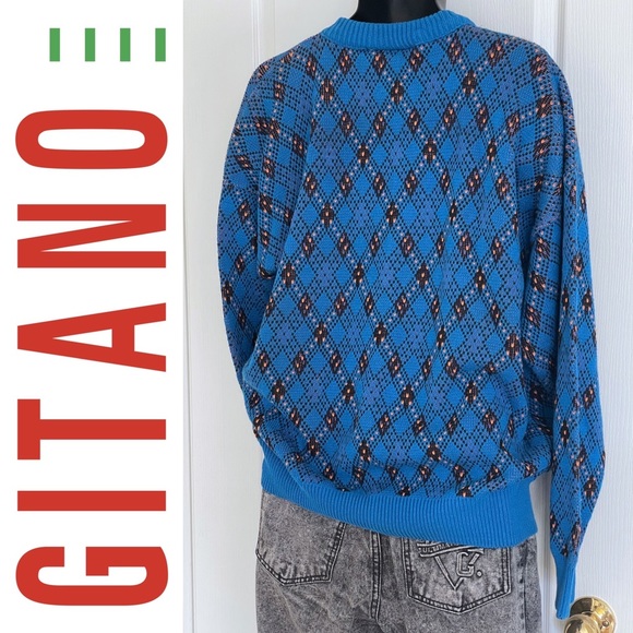 EUC vintage GITANO Sportswear 1990s cotton crewneck dad sweater, blue w/ pattern - Picture 6 of 14